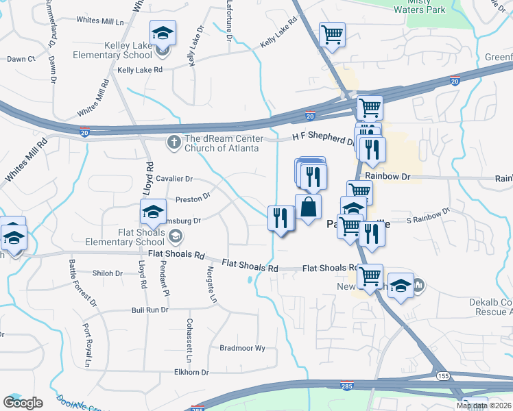 map of restaurants, bars, coffee shops, grocery stores, and more near 2761 Williamsburg Drive in Decatur