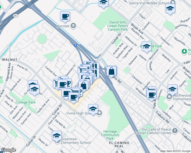 map of restaurants, bars, coffee shops, grocery stores, and more near 14120 Culver Drive in Irvine