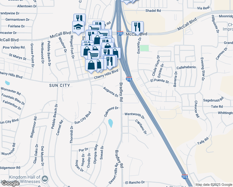 map of restaurants, bars, coffee shops, grocery stores, and more near 26960 Augusta Drive in Menifee