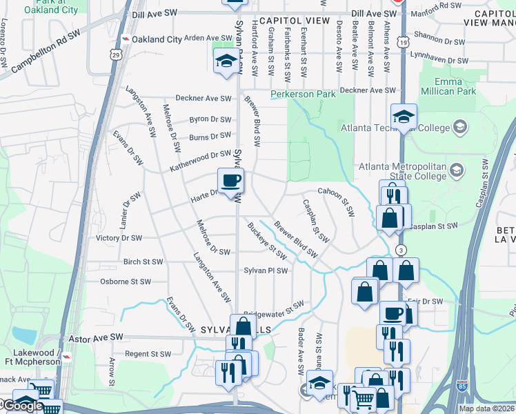map of restaurants, bars, coffee shops, grocery stores, and more near 1711 Brewer Boulevard Southwest in Atlanta