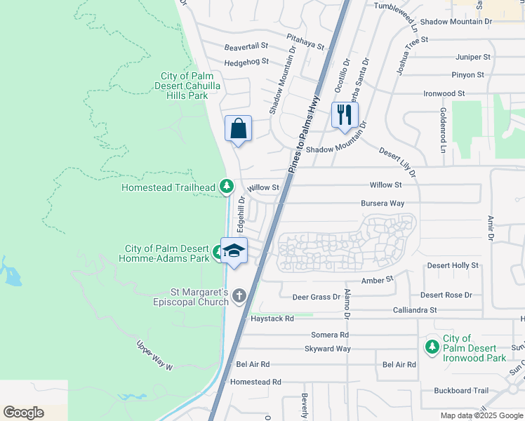 map of restaurants, bars, coffee shops, grocery stores, and more near 72711 Eagle Road in Palm Desert