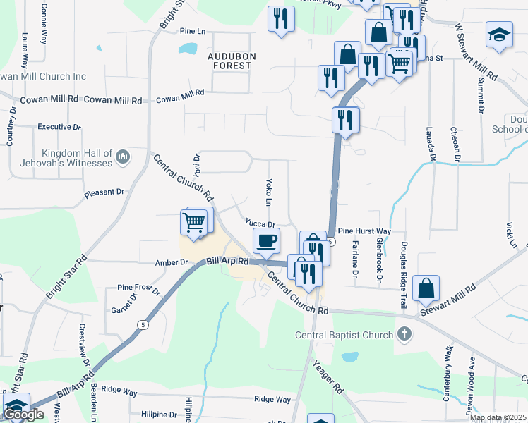 map of restaurants, bars, coffee shops, grocery stores, and more near 3593 Yoko Lane in Douglasville