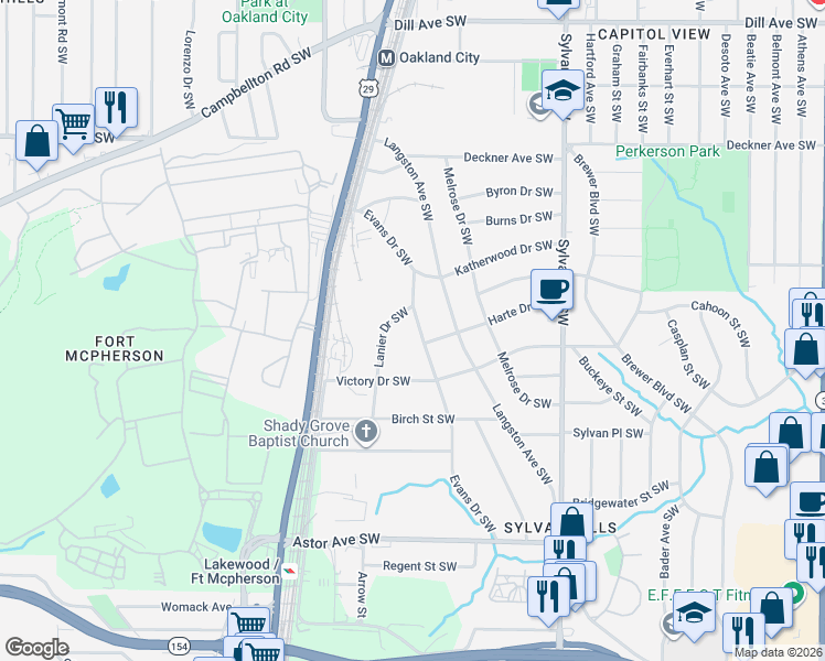 map of restaurants, bars, coffee shops, grocery stores, and more near 1705 Evans Drive Southwest in Atlanta