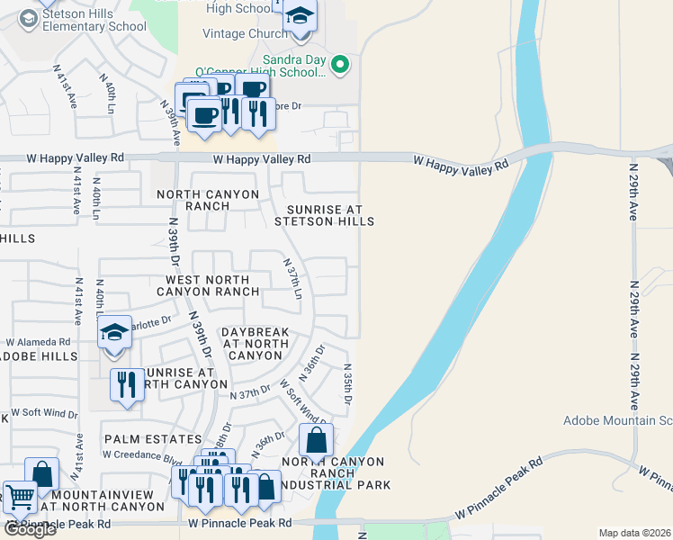 map of restaurants, bars, coffee shops, grocery stores, and more near 24427 North 35th Drive in Glendale