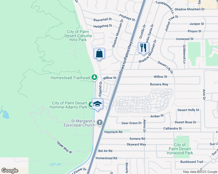 map of restaurants, bars, coffee shops, grocery stores, and more near 72664 Eagle Road in Palm Desert
