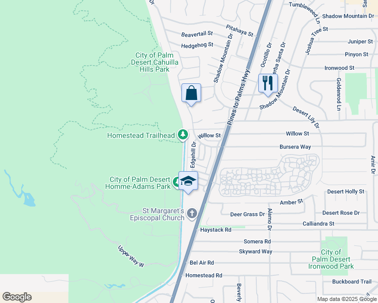map of restaurants, bars, coffee shops, grocery stores, and more near 72564 Edgehill Drive in Palm Desert