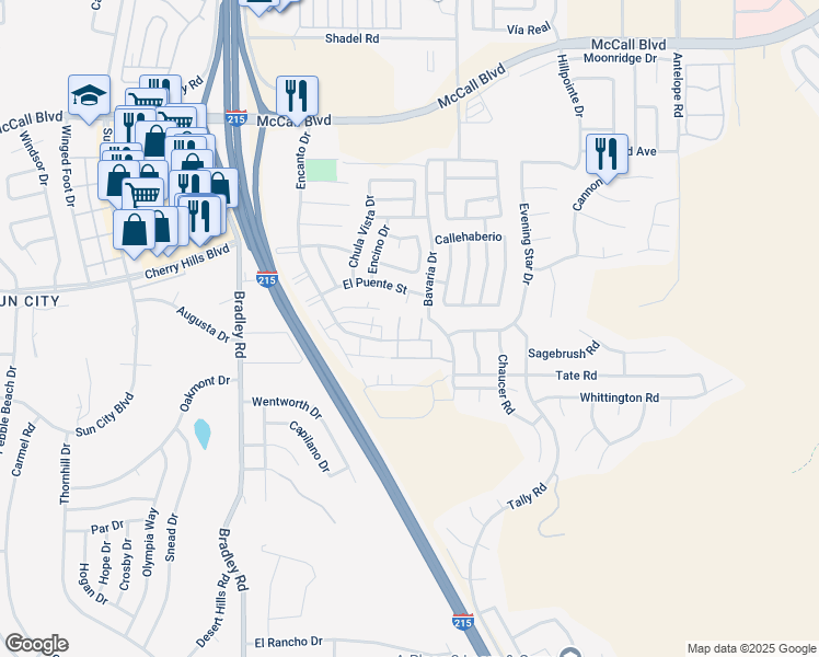 map of restaurants, bars, coffee shops, grocery stores, and more near 28410 Encanto Drive in Menifee