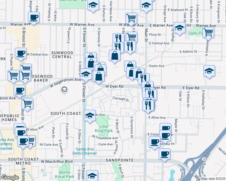 map of restaurants, bars, coffee shops, grocery stores, and more near 2920A Bradford Place in Santa Ana