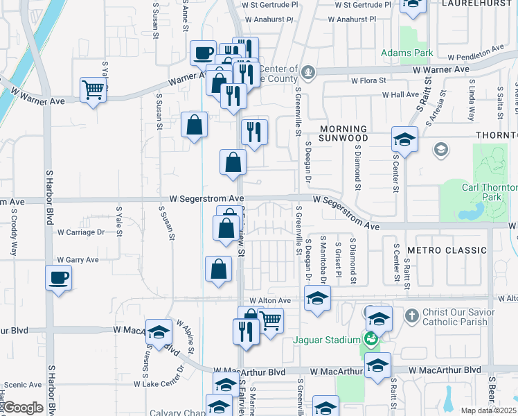 map of restaurants, bars, coffee shops, grocery stores, and more near 2730C West Segerstrom Avenue in Santa Ana