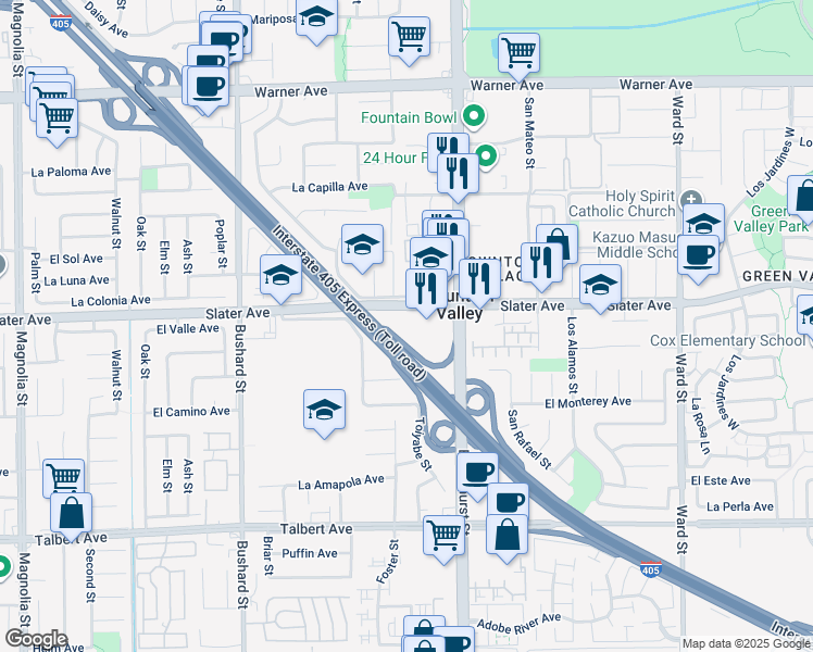 map of restaurants, bars, coffee shops, grocery stores, and more near 9930 Slater Avenue in Fountain Valley