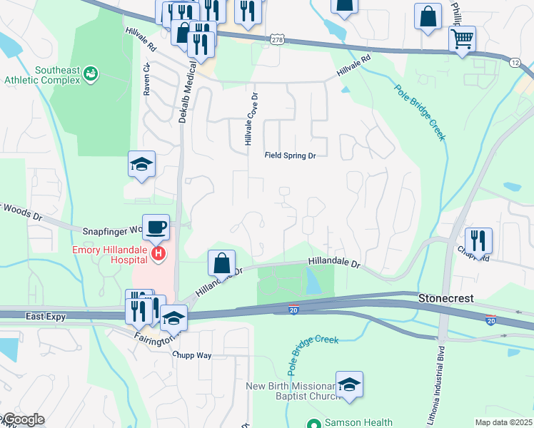 map of restaurants, bars, coffee shops, grocery stores, and more near 6136 Hillandale Drive in Lithonia