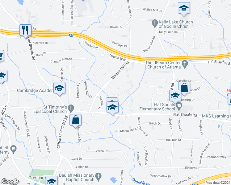 map of restaurants, bars, coffee shops, grocery stores, and more near 2391 Mills Bend in Decatur