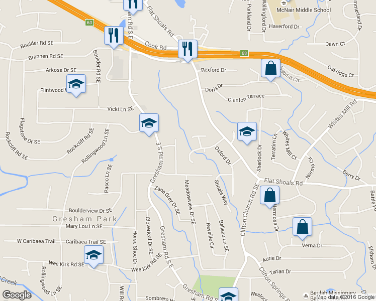 map of restaurants, bars, coffee shops, grocery stores, and more near 2712 Larkspur Drive Southeast in Atlanta