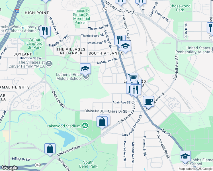 map of restaurants, bars, coffee shops, grocery stores, and more near 120 Turman Avenue Southeast in Atlanta