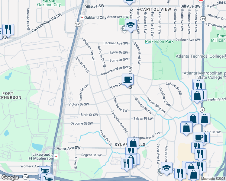 map of restaurants, bars, coffee shops, grocery stores, and more near 1714 Melrose Drive Southwest in Atlanta