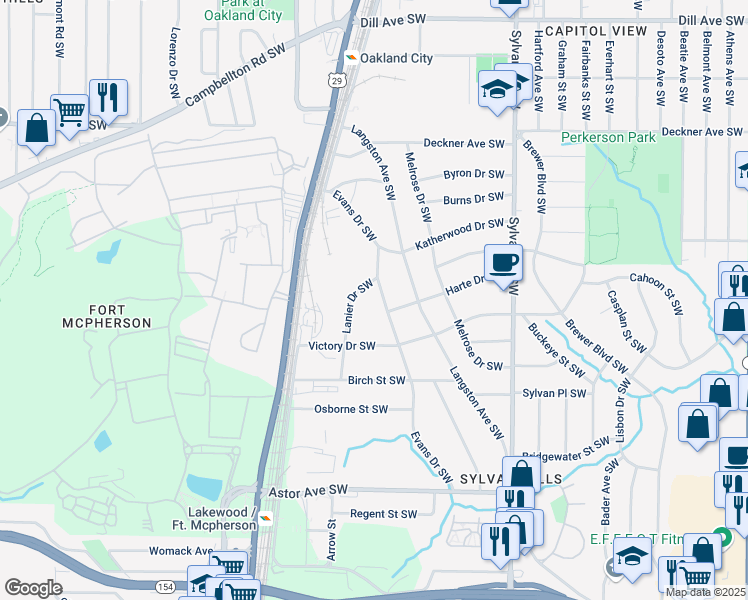 map of restaurants, bars, coffee shops, grocery stores, and more near Evans Street Southwest in Atlanta