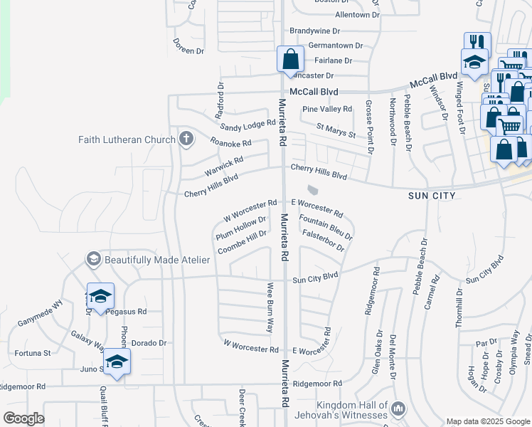 map of restaurants, bars, coffee shops, grocery stores, and more near 25890 Plum Hollow Drive in Menifee