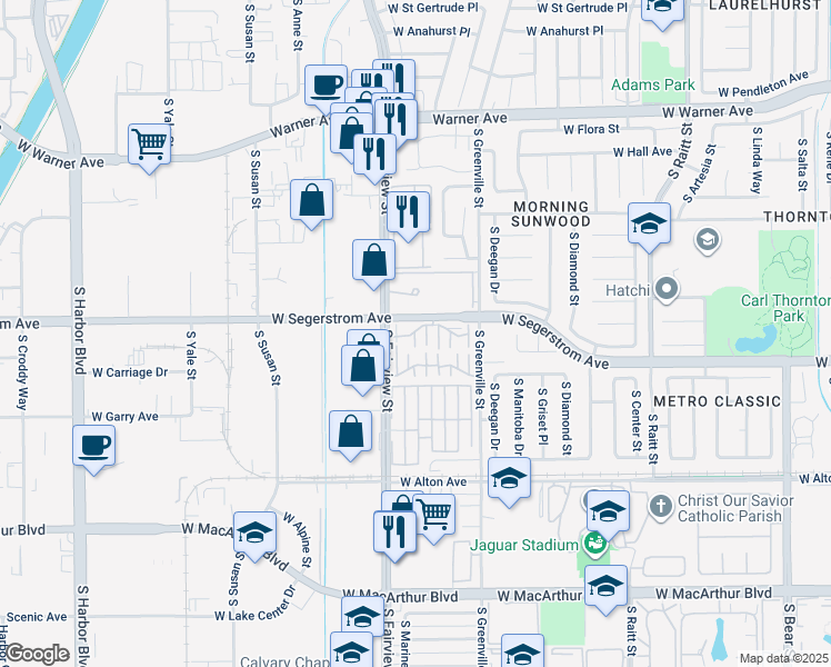map of restaurants, bars, coffee shops, grocery stores, and more near 2730 West Segerstrom Avenue in Santa Ana