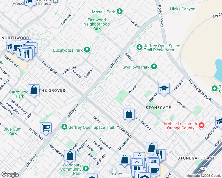 map of restaurants, bars, coffee shops, grocery stores, and more near 72 Rembrandt in Irvine