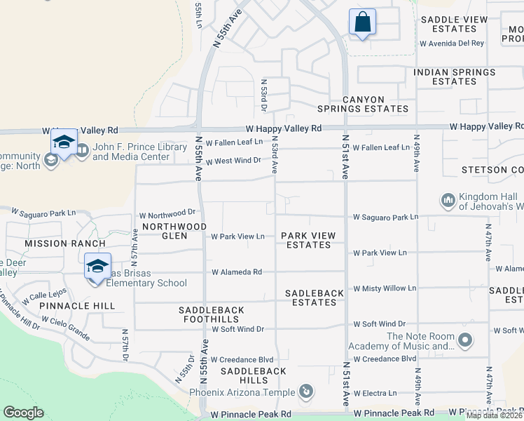 map of restaurants, bars, coffee shops, grocery stores, and more near 24440 North 53rd Avenue in Glendale