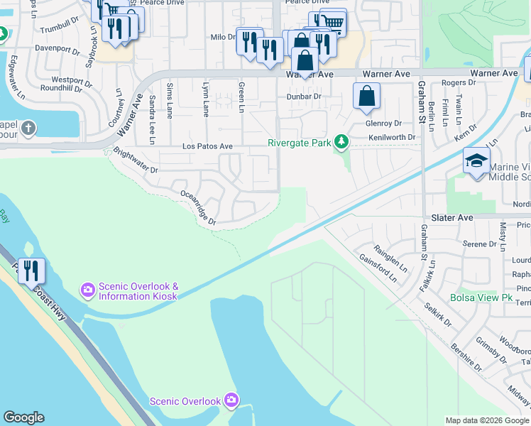 map of restaurants, bars, coffee shops, grocery stores, and more near 4916 Oceanridge Drive in Huntington Beach