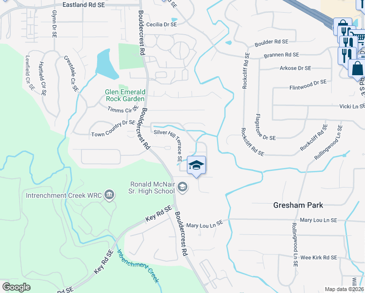 map of restaurants, bars, coffee shops, grocery stores, and more near 3048 Silver Hill Terrace Southeast in Atlanta