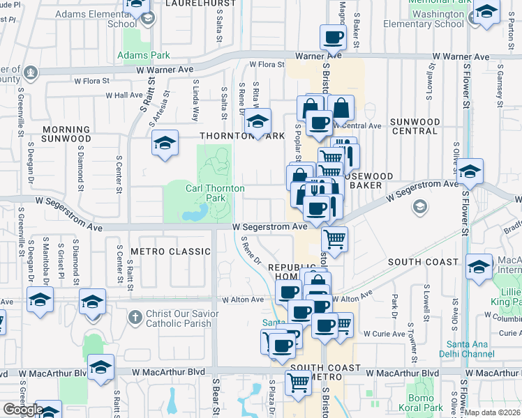map of restaurants, bars, coffee shops, grocery stores, and more near 2909 South Rita Way in Santa Ana