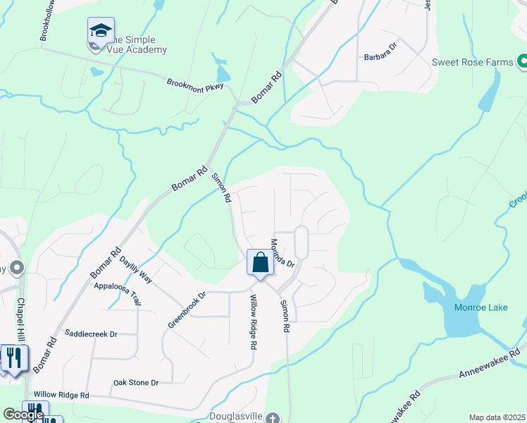 map of restaurants, bars, coffee shops, grocery stores, and more near 3853 Locksley Trail in Douglasville