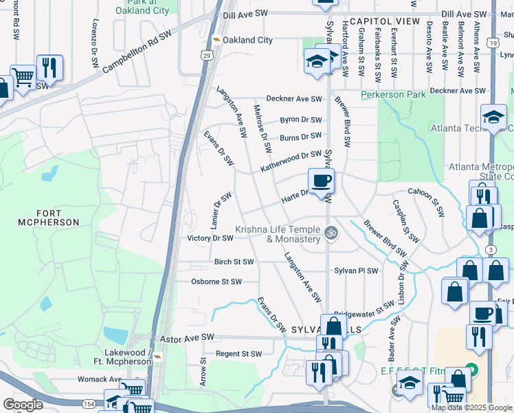 map of restaurants, bars, coffee shops, grocery stores, and more near 1701 Langston Avenue Southwest in Atlanta