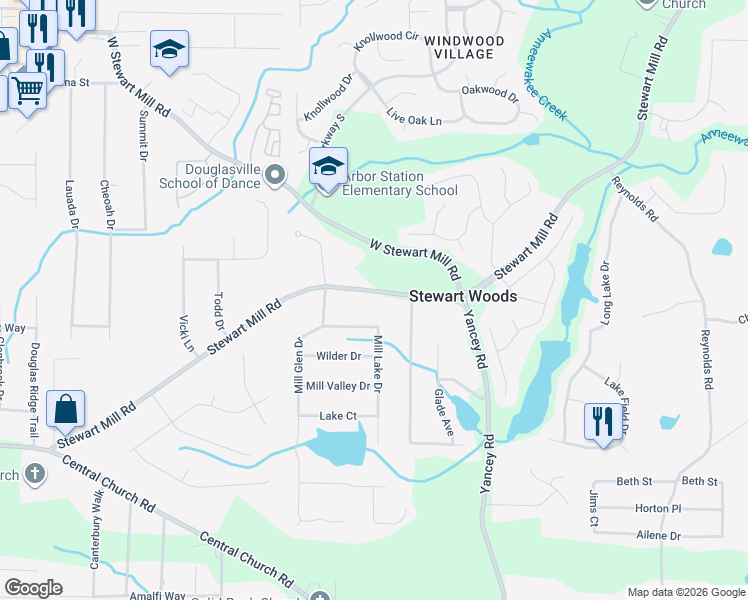 map of restaurants, bars, coffee shops, grocery stores, and more near 5385 Stewart Mill Road in Douglasville