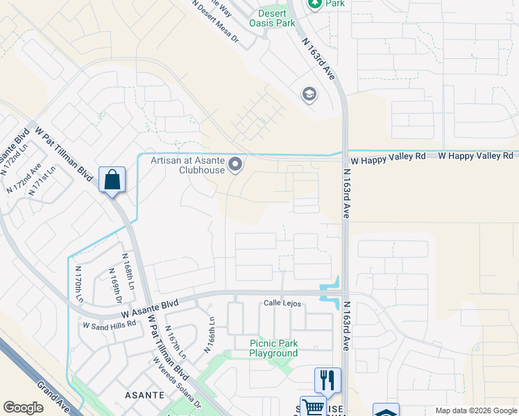 map of restaurants, bars, coffee shops, grocery stores, and more near 16536 West Saguaro Park Lane in Surprise