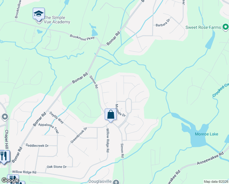 map of restaurants, bars, coffee shops, grocery stores, and more near 3580 Morinda Drive in Douglasville