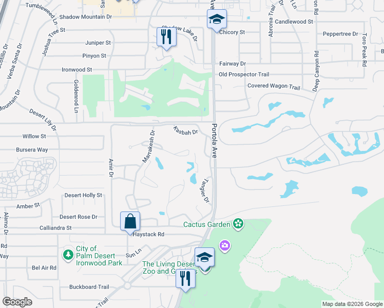 map of restaurants, bars, coffee shops, grocery stores, and more near 47159 El Menara Circle in Palm Desert