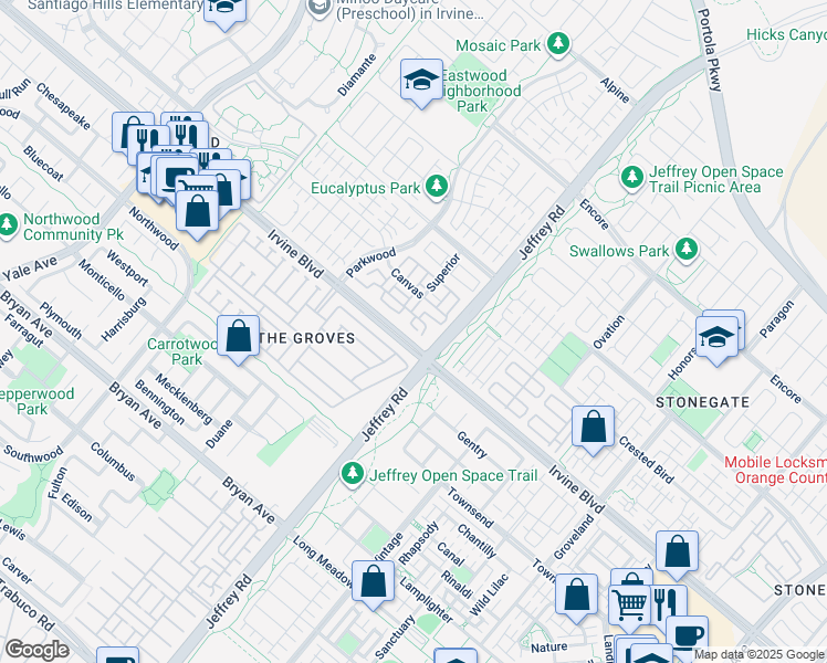 map of restaurants, bars, coffee shops, grocery stores, and more near 120 Bishop Landing in Irvine