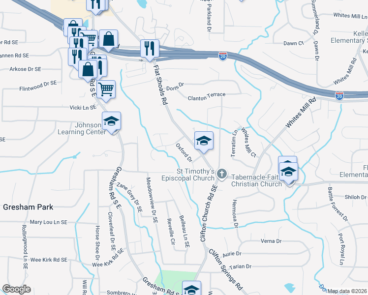 map of restaurants, bars, coffee shops, grocery stores, and more near 2725 Oxford Drive in Decatur