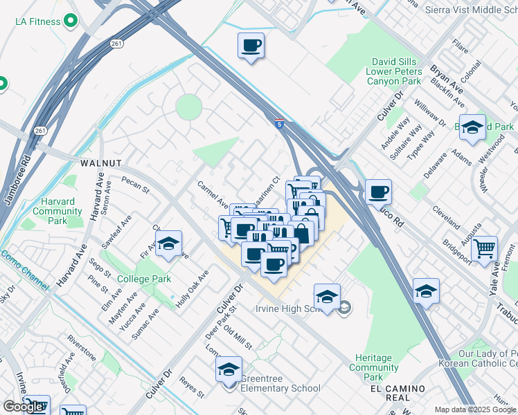 map of restaurants, bars, coffee shops, grocery stores, and more near 14272 Saarinen Court in Irvine