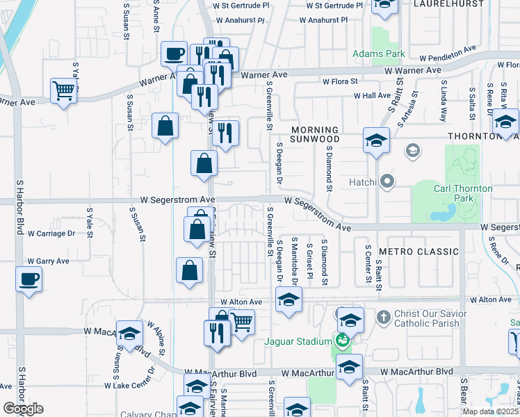map of restaurants, bars, coffee shops, grocery stores, and more near 2610 West Segerstrom Avenue in Santa Ana