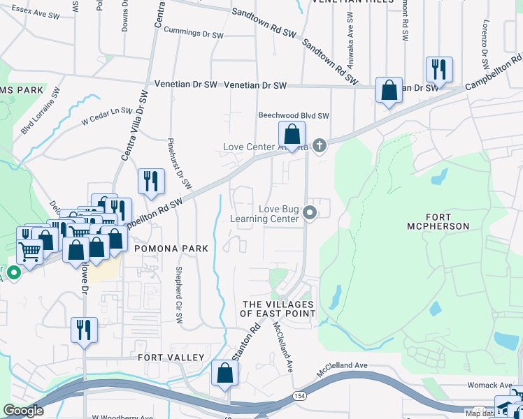 map of restaurants, bars, coffee shops, grocery stores, and more near 1731 Hadlock Street Southwest in Atlanta