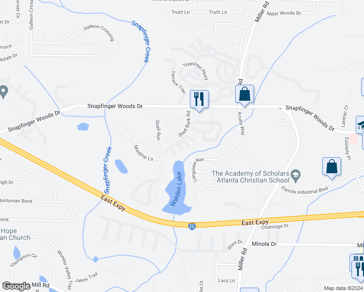 map of restaurants, bars, coffee shops, grocery stores, and more near 4918 Walden Lake Square in Decatur