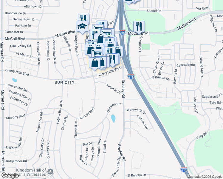 map of restaurants, bars, coffee shops, grocery stores, and more near 26891 Augusta Drive in Menifee