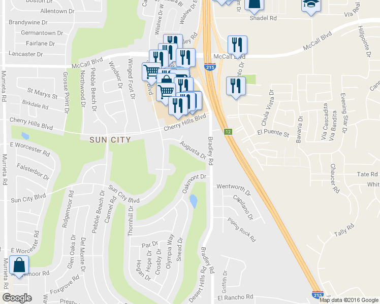 map of restaurants, bars, coffee shops, grocery stores, and more near 26895 Augusta Drive in Menifee