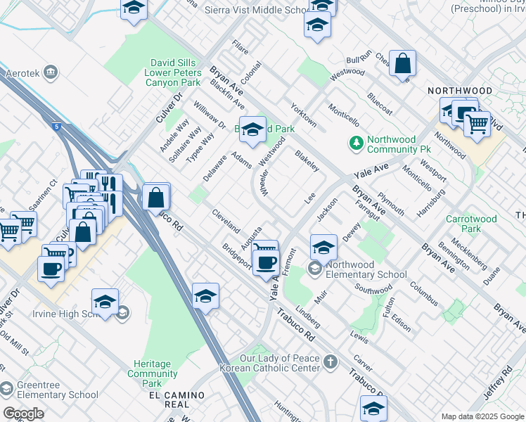 map of restaurants, bars, coffee shops, grocery stores, and more near 30 Jefferson in Irvine