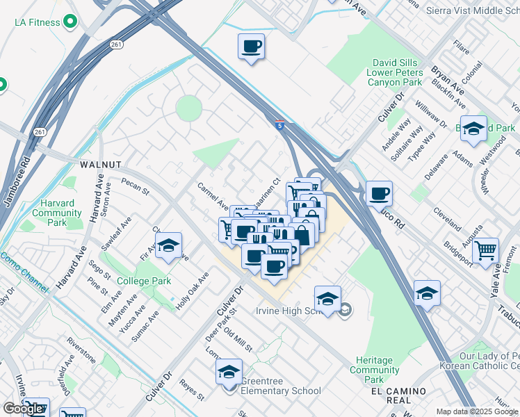 map of restaurants, bars, coffee shops, grocery stores, and more near 14272 Saarinen Court in Irvine