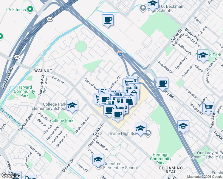 map of restaurants, bars, coffee shops, grocery stores, and more near 14321 Miro Court in Irvine