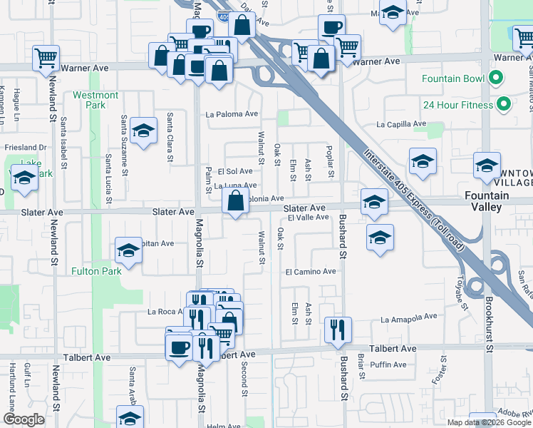 map of restaurants, bars, coffee shops, grocery stores, and more near 17530 Walnut Street in Fountain Valley