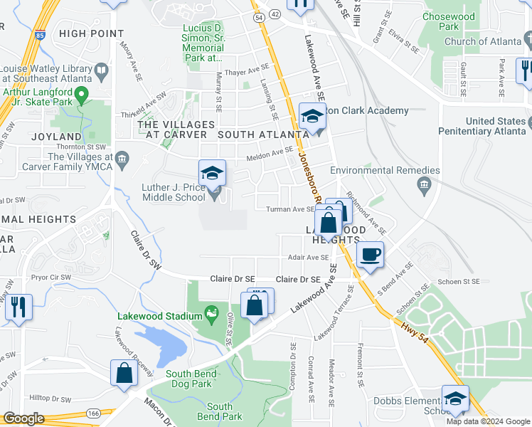map of restaurants, bars, coffee shops, grocery stores, and more near 120 Turman Avenue Southeast in Atlanta