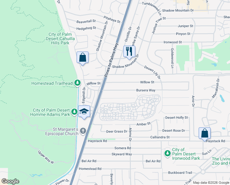 map of restaurants, bars, coffee shops, grocery stores, and more near 72845 Bursera Way in Palm Desert