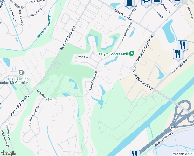 map of restaurants, bars, coffee shops, grocery stores, and more near 654 West Flintlake Court in Myrtle Beach