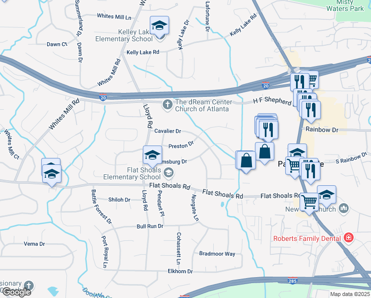 map of restaurants, bars, coffee shops, grocery stores, and more near 2635 Preston Drive in Decatur