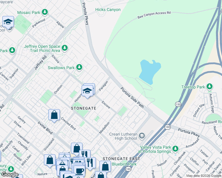 map of restaurants, bars, coffee shops, grocery stores, and more near 65 Dunmore in Irvine